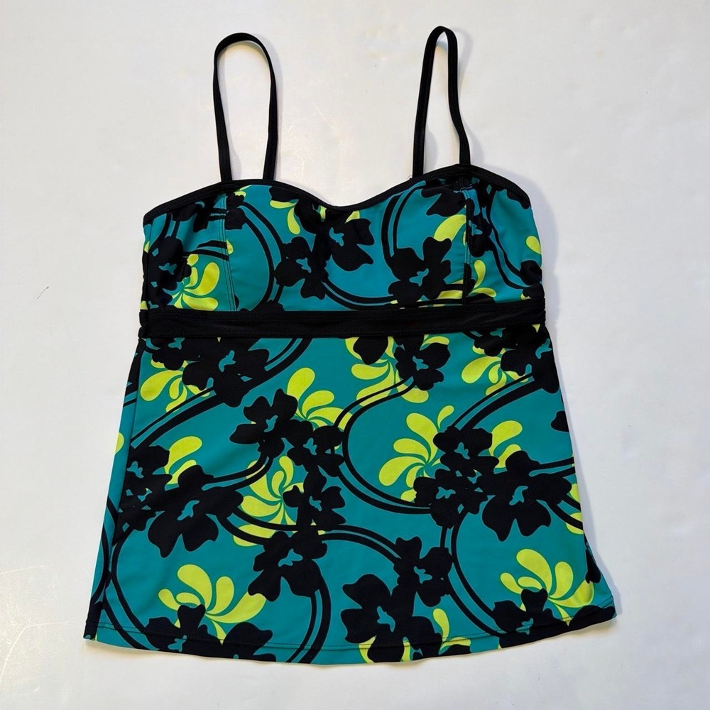 Athletech Teal Hibiscus Floral Babydoll Tankini Swim Top Womens Size 6 Y2K